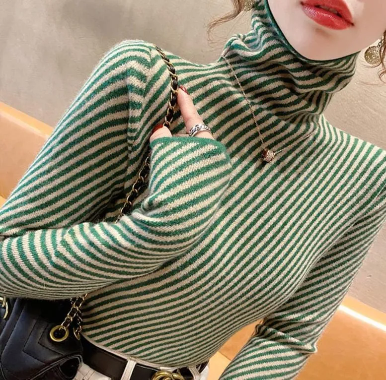 Women's Striped Cashmere Turtleneck Sweater – Slim Fit Warm Knitted Pullover for Winter